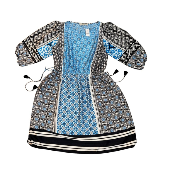 LOFT Tassel Boho Dress Size L Blue Geometric mosaic Tie - Picture 7 of 9